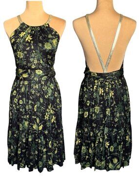 NWT Gucci Resort Halter Dress Sz 40 / S Floral Logo Metallic Leather Straps Chic